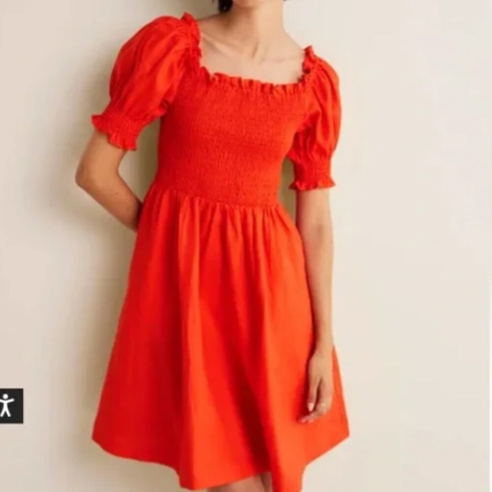 Boden Smocked Bodice 100% Linen Mini Dress Size 12L
